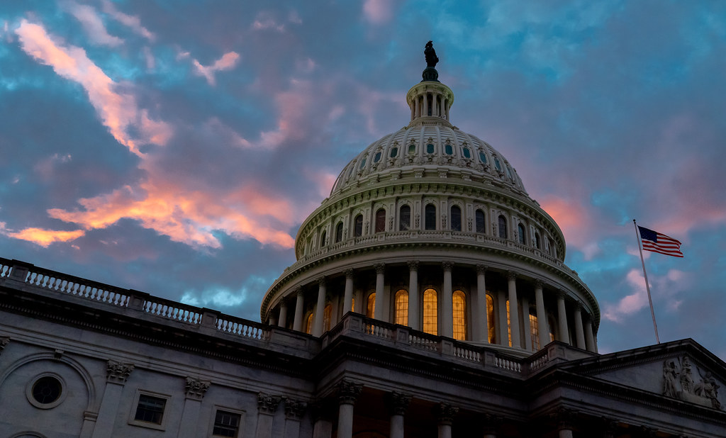 The U.S. Capitol dome at sunset